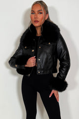 faux fur cuff and collar faux leather bomber jacket with gold buttons styledup womens outerwear christmas outfit 
