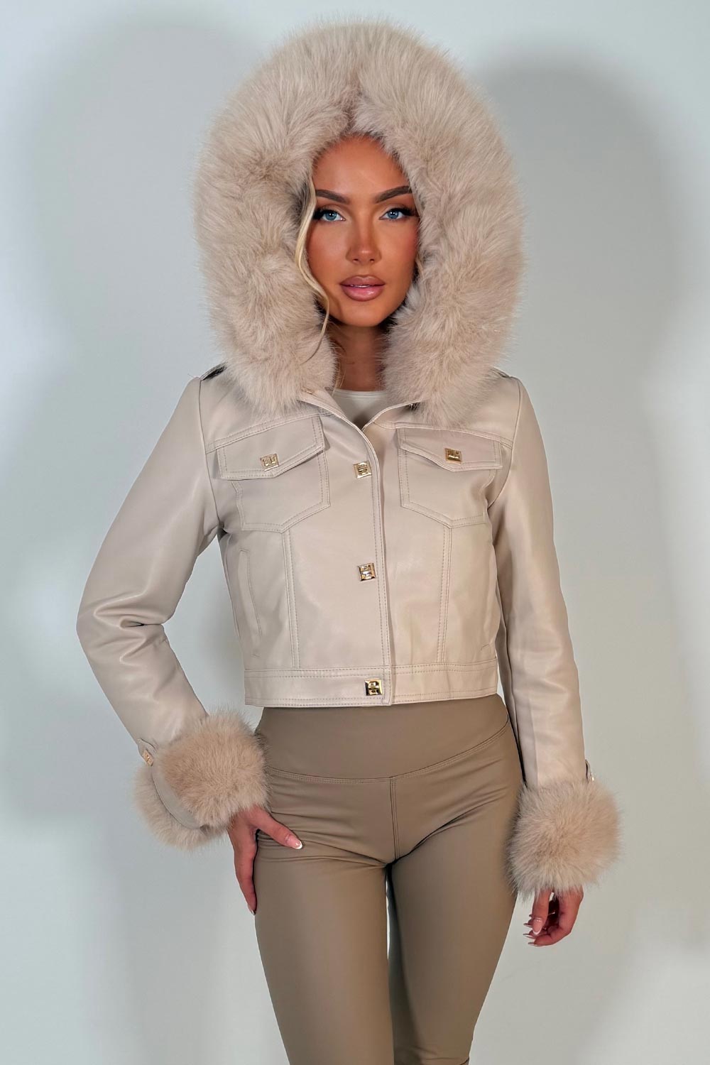 faux fur hood faux fur cuff faux leather jacket with gold buttons styledup uk 