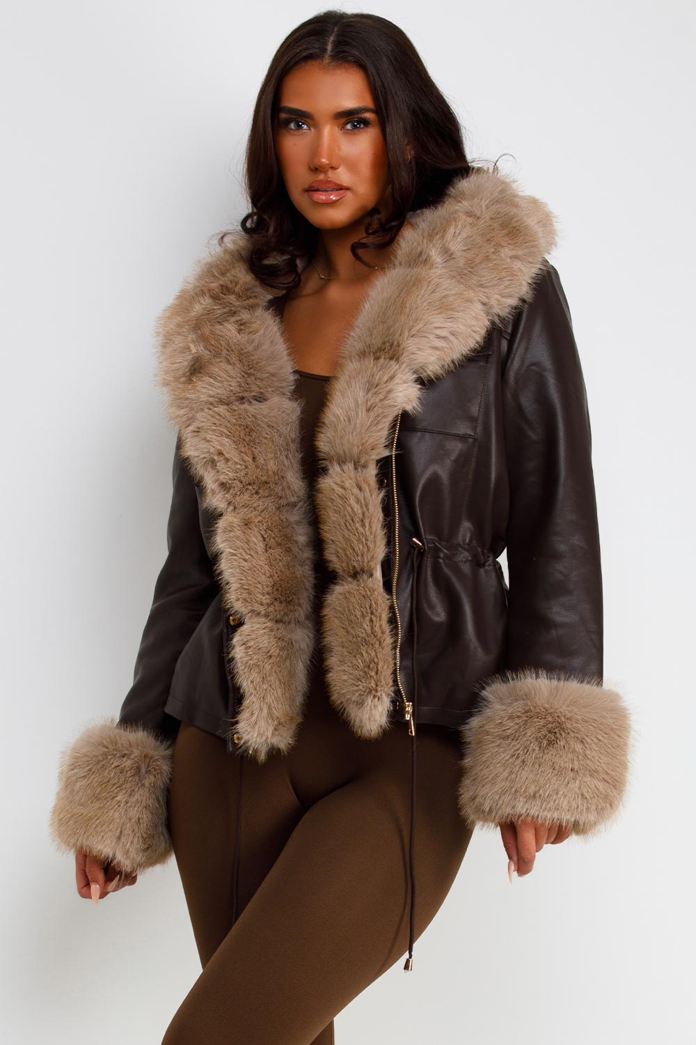 faux fur cuff faux fur hood leather look jacket with adjustable drawstring waist winter outerwear trendy coats and jackets for womens styledup uk