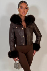 brown fur hood faux leather jacket with gold buttons styledup uk