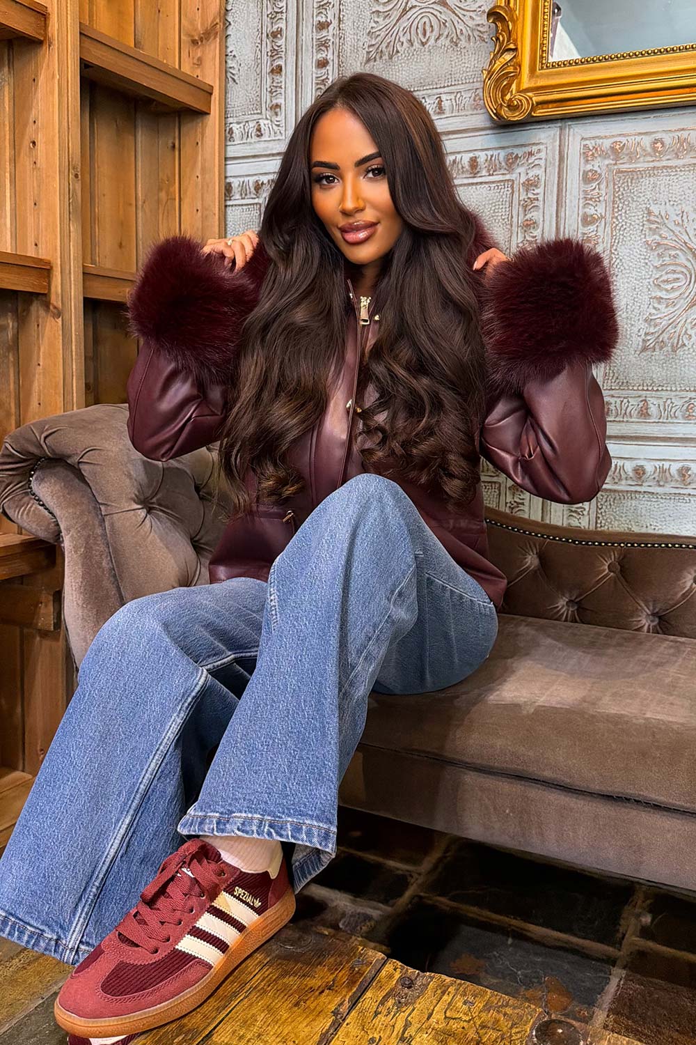 leather effect faux fur collar and cuff winter jacket with adjustable waist womens trendy outerwear styledup uk