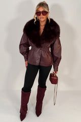 womens burgundy faux leather faux fur jacket uk styledup