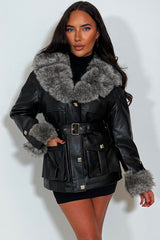 faux leather faux fur cuff and collar winter jacket with belt styledup