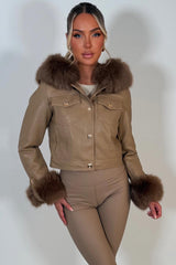 fur hood fur cuff faux leather jacket with gold buttons styledup uk