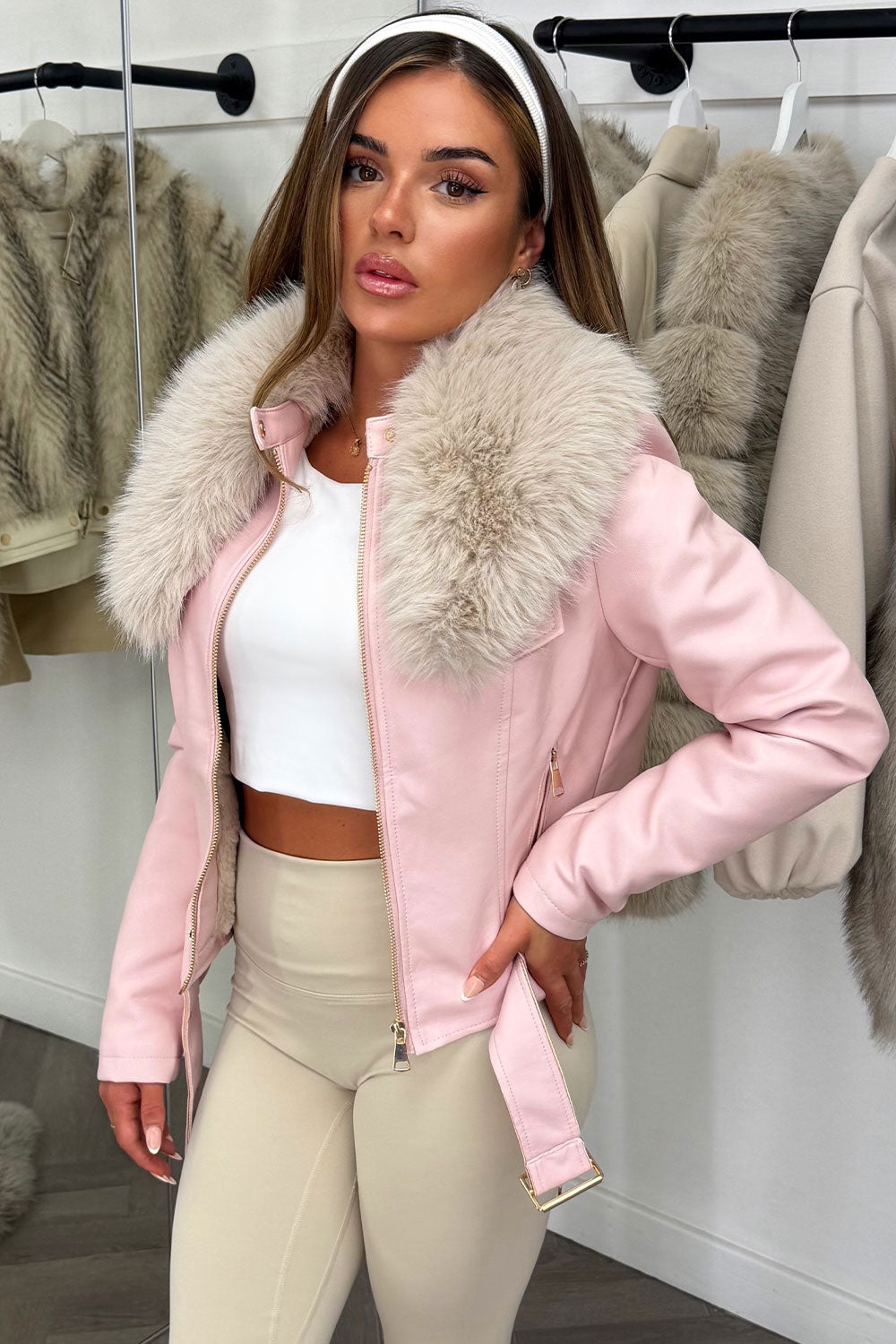faux leather faux fur jacket pink