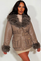 faux leather faux fur cuff and collar winter jacket with belt styledup