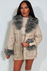 faux fur collar faux fur cuff winter jacket with belt styledup