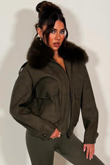 zara womens faux suede faux fur collar winter jacket khaki styledup 
