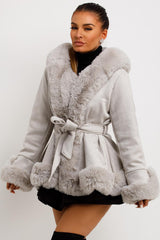 womens fur hood suede coat with belt