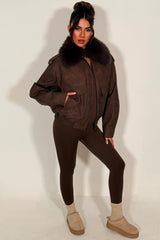 womens faux suede jacket with faux fur collar brown styledup 