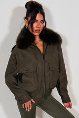 faux suede faux fur winter jacket khaki styledup 
