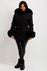 womens puffer padded coat with faux cuff and hood
