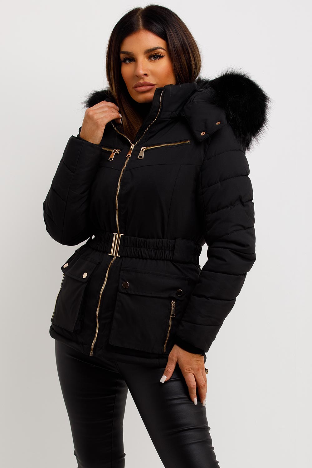 womens black puffer coat with fur hood and belt