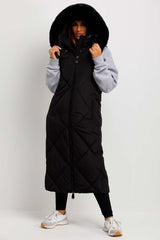 womens faux fur hood long padded puffer quilted gilet 