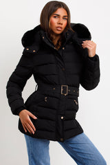 womens black puffer padded coat with belt and faux fur hood