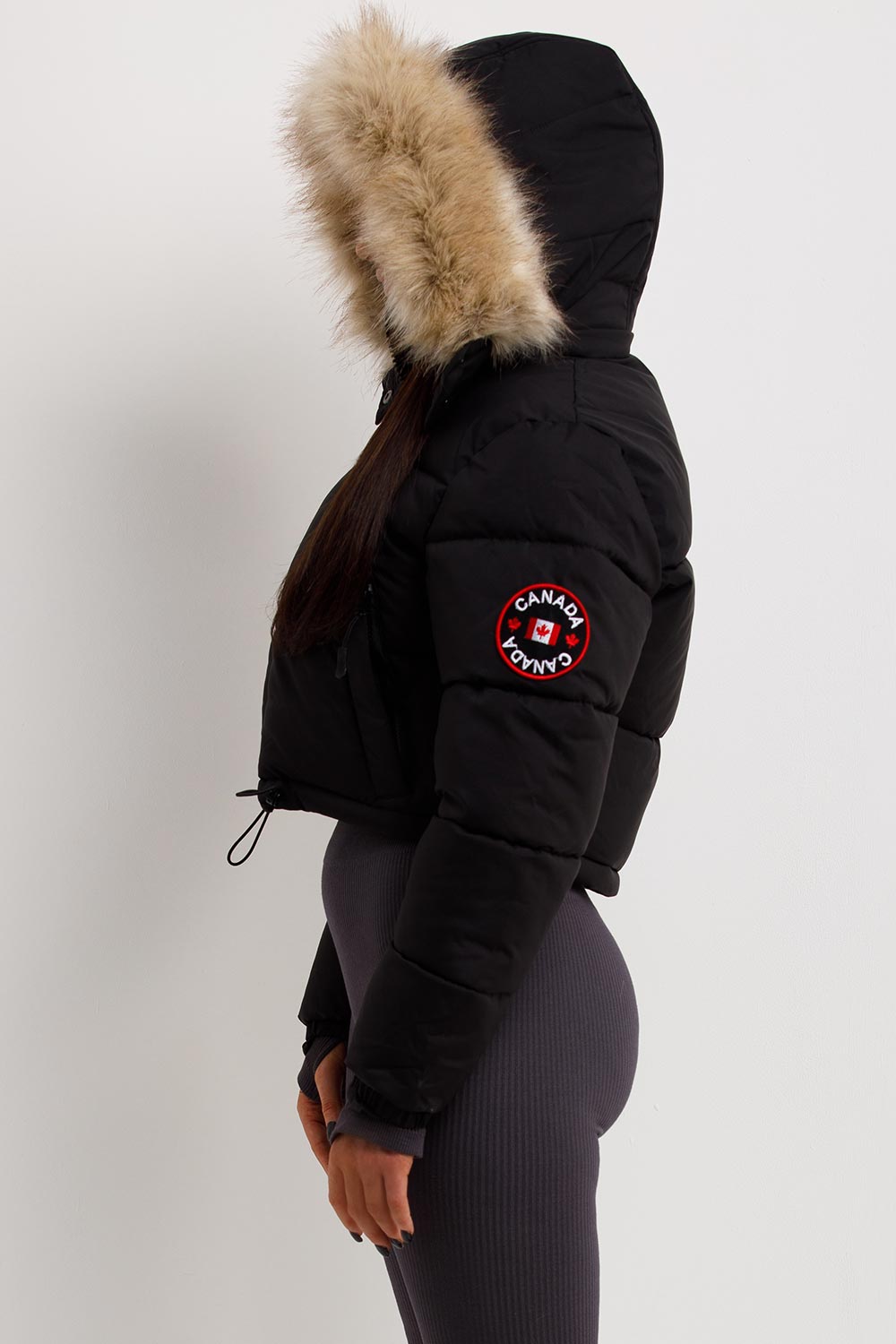 womens puffer crop jacket with fur hood zavetti bellucci