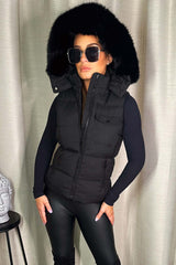 womens black faux fur hood gilet bodywarmer