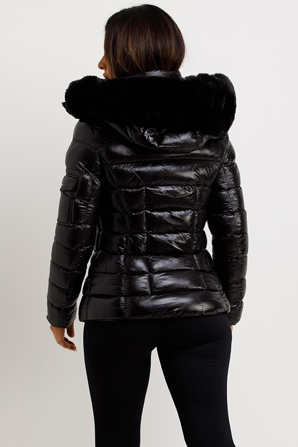 womens black shiny puffer coat with fur hood sale uk