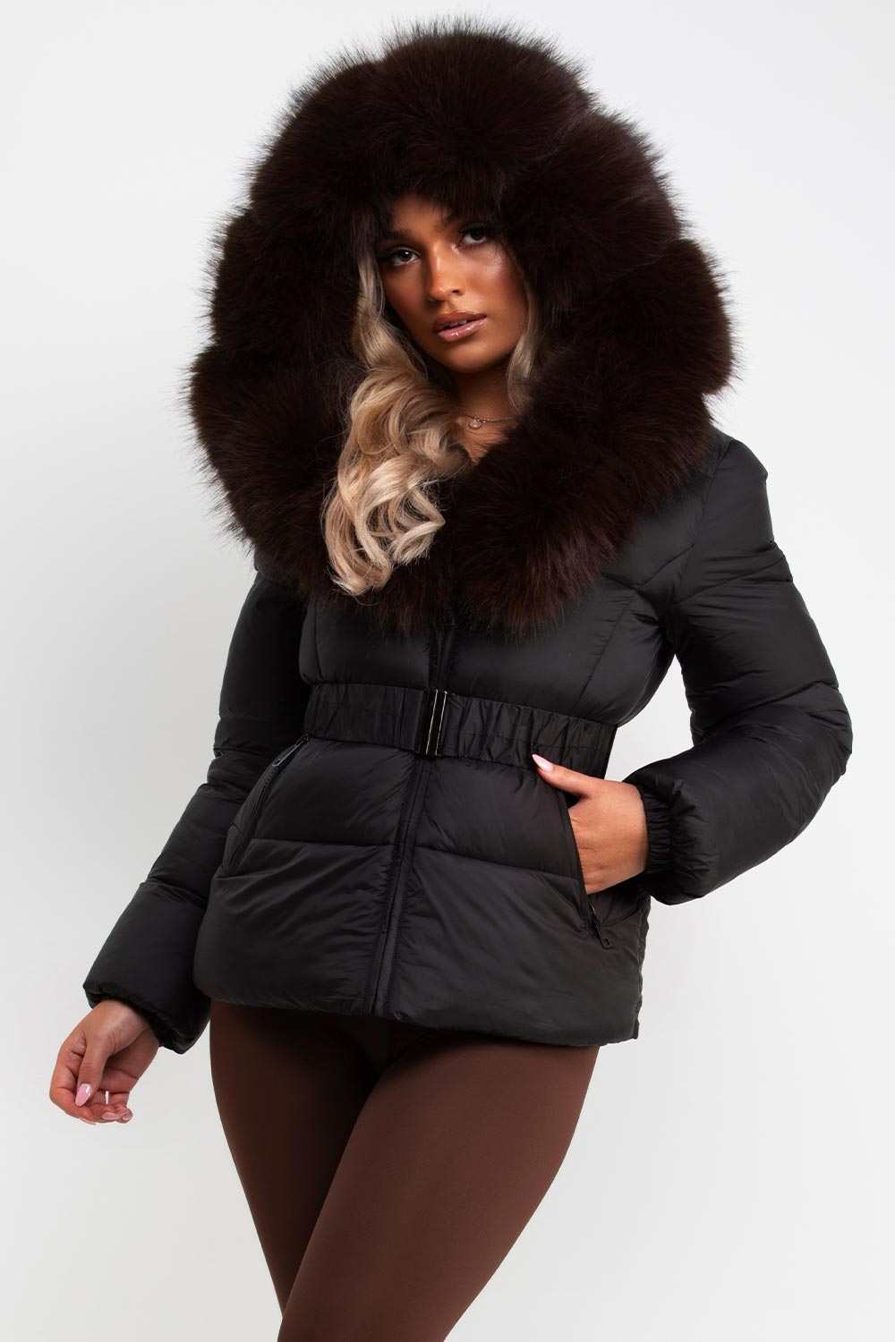 womens fur hooded belted puffer jacket for Christmas market markets uk