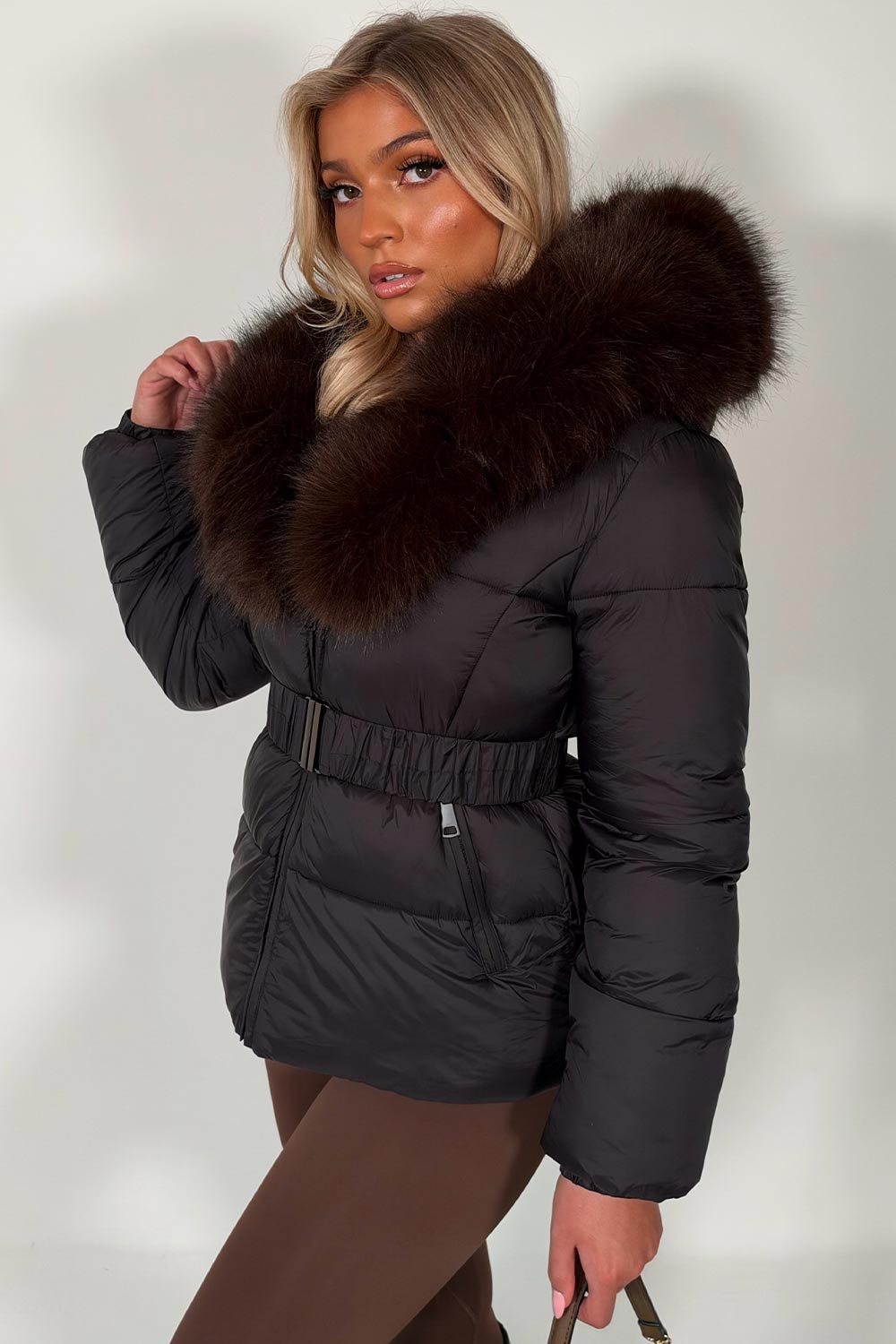 womens luxury fur hood puffer padded winter jacket with belt styled up uk