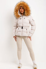 faux fur hood puffer jacket with belt