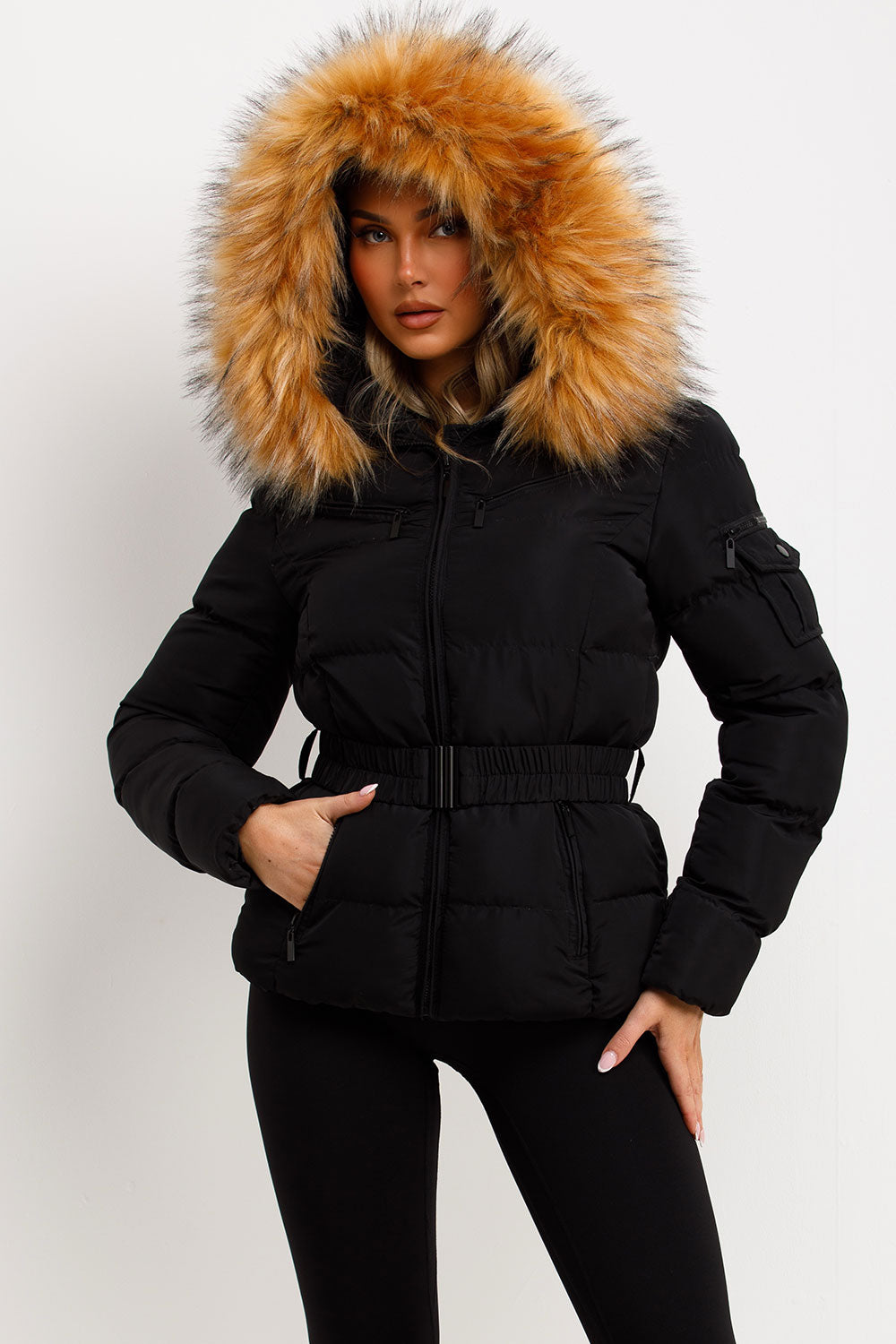 styled up puffer coat with fur hood womens