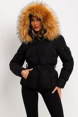 styled up puffer coat with fur hood womens