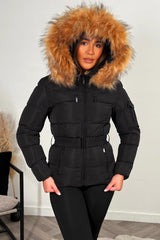 faux fur hood puffer jacket with belt 
