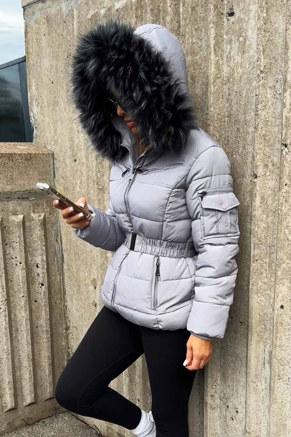 Womens Faux Fur Hooded Jacket With Belt Grey –