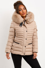 faux fur hood puffer jacket with side buckle detail 