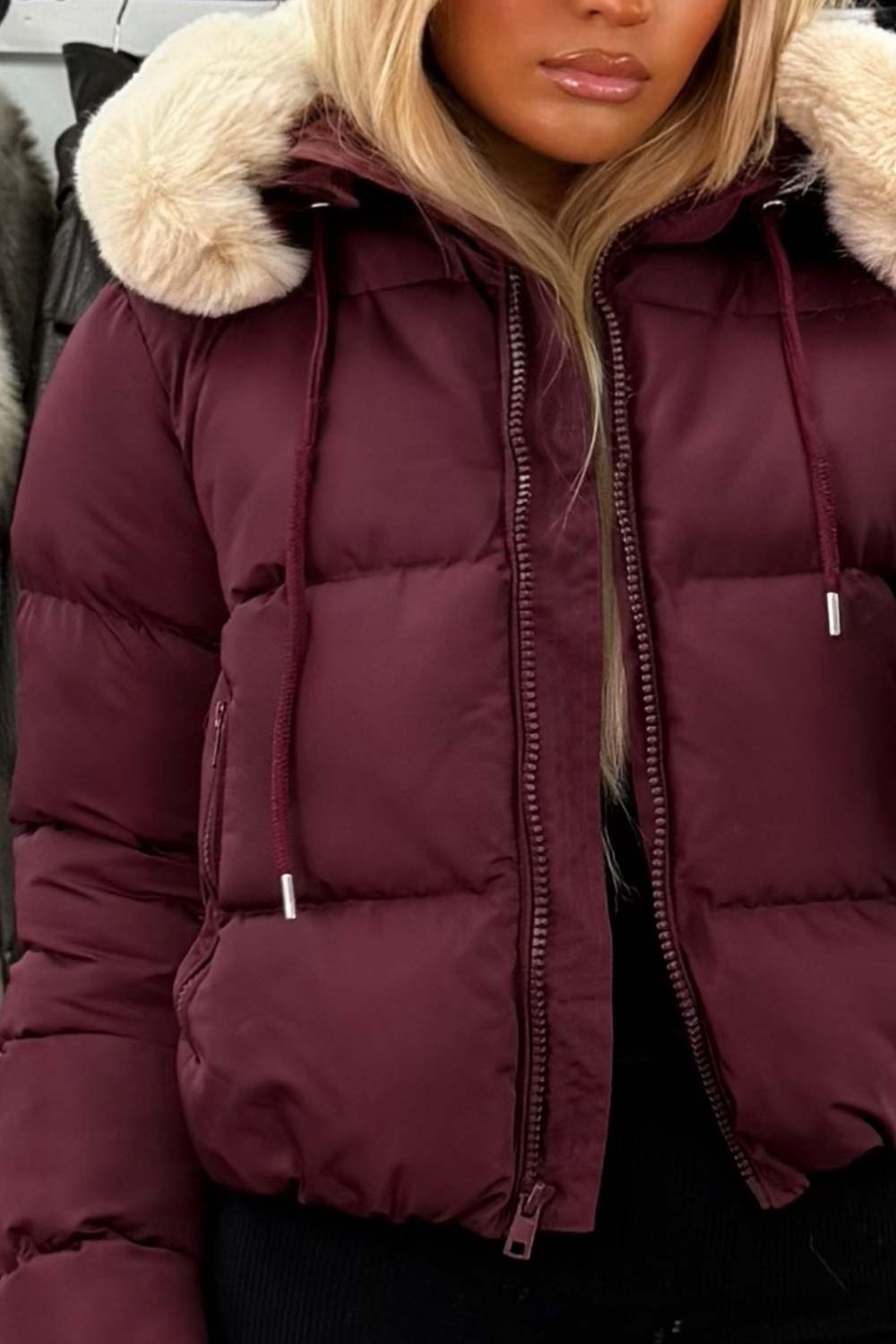 womens puffer padded faux fur hooded jacket for winter sale styledup
