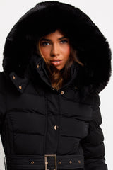 faux fur padded puffer quilted coat with belt womens styled up