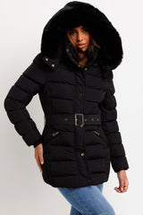 black puffer padded coat with faux fur hood and belt styled up