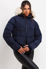 womens puffer jacket with faux fur hood for winter