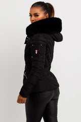 womens puffer jacket with fur hood and belt
