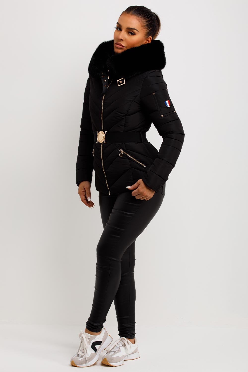 black puffer jacket with real fur hood