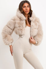 faux fur hood crop jacket styled up