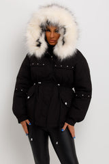 womens white fur hood parka coat with drawstring waist