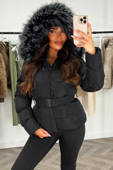 faux fur hood winter coat with belt for womens 