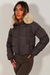 womens brown puffer padded faux fur hooded jacket sale zara uk styledup