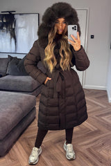really warm padded puffer coat with faux fur hood and waist belt styledup uk