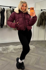 womens puffer jacket with faux fur hood burgundy styledup fashion