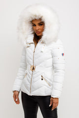 faux fur hood puffer coat with belt womens outerwear 