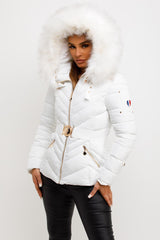 womens white puffer jacket with fur hood and belt