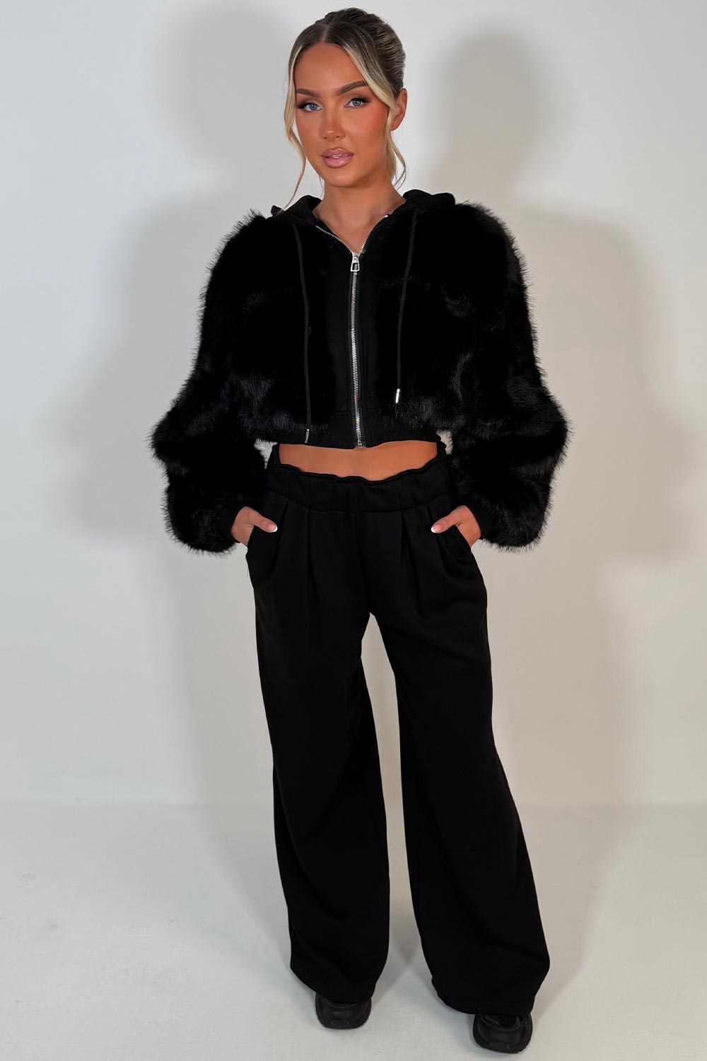 womens faux fur hoodie and joggers two piece co ord set styledup uk