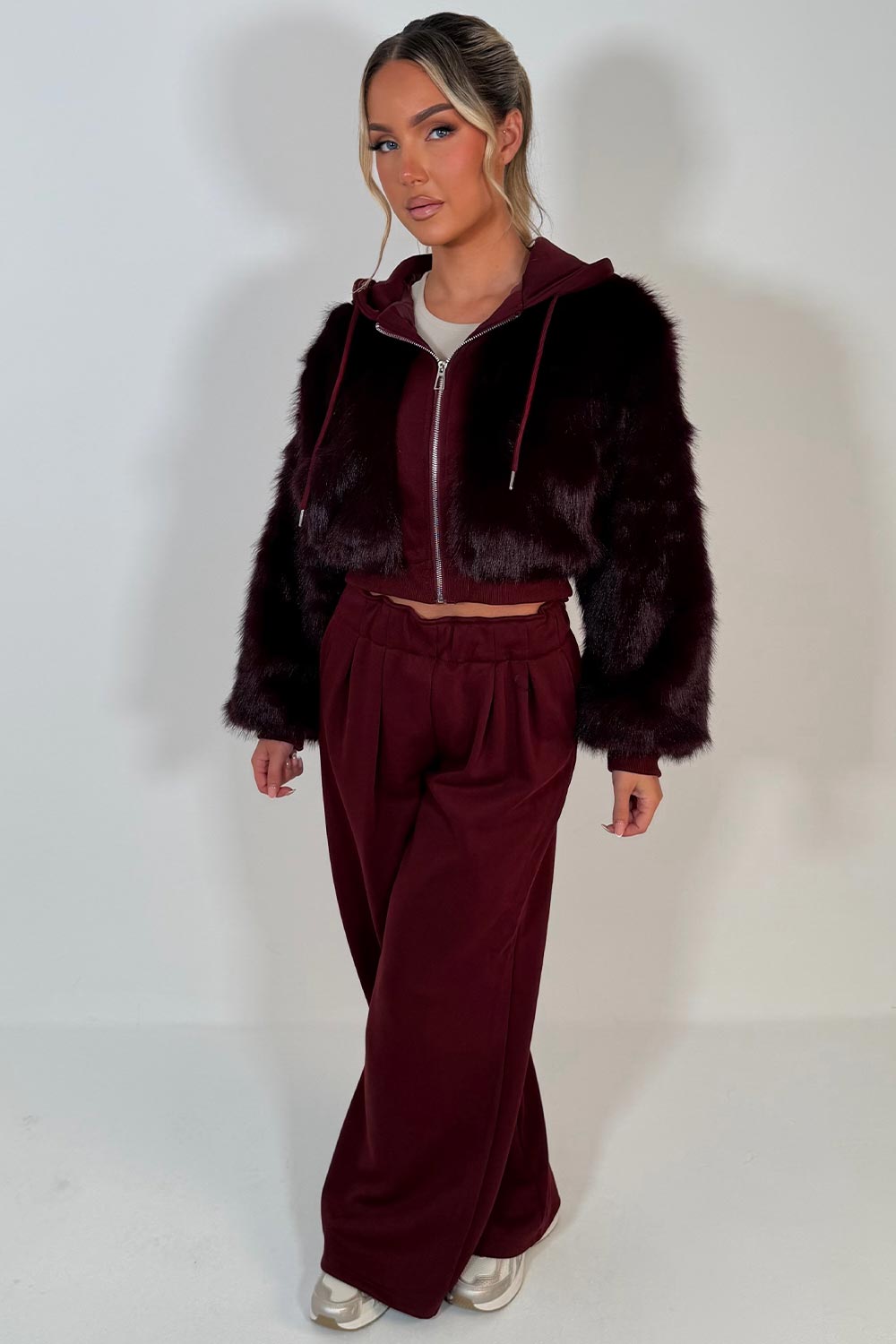 womens crop faux fur hoodie and wide leg joggers two piece co ord set styledup uk
