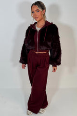 womens crop faux fur hoodie and wide leg joggers two piece co ord set styledup uk
