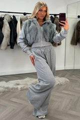 womens crop faux fur hoodie and wide leg joggers two piece co ord set styledup uk