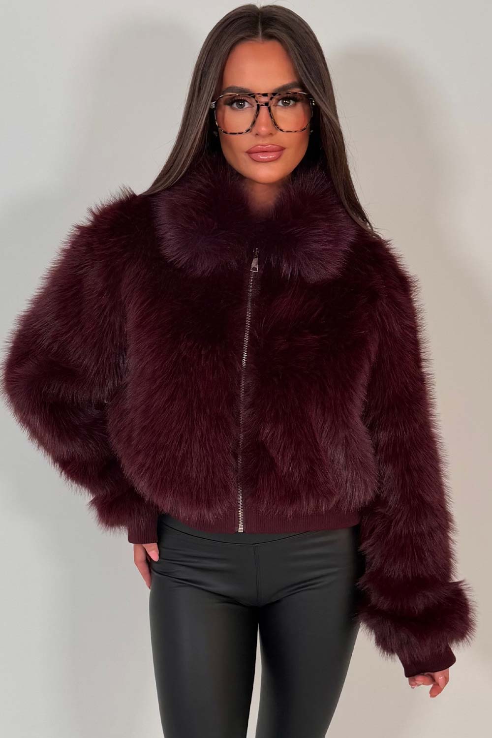 faux fur jacket with collar and zip up styledup burgundy
