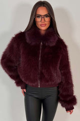 faux fur jacket with collar and zip up styledup burgundy